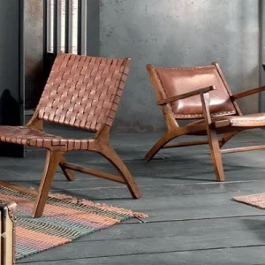 Casita Fauteuil En Teck Et Lanières De Cuir Marron – Irene 10
