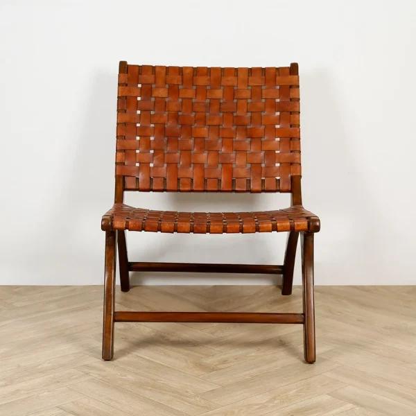 Casita Fauteuil En Teck Et Lanières De Cuir Marron – Irene 5
